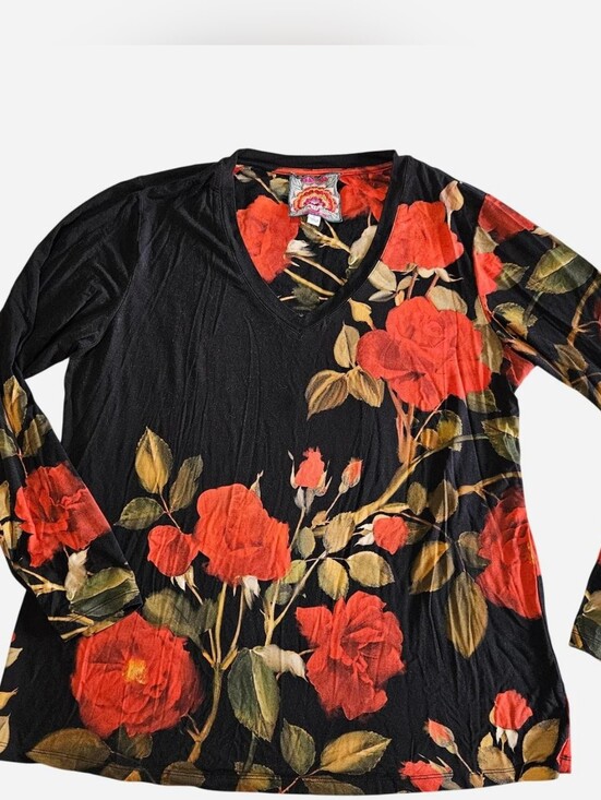 Johnny Was Tops - Johnny Was Black Long Sleeve V-Neck Top with Red Rose Print